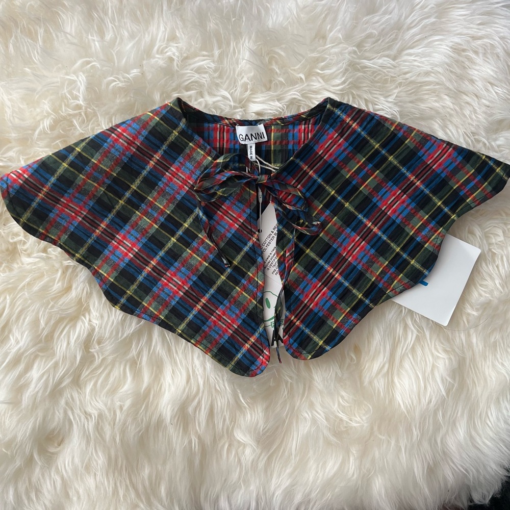 Ganni checked organic cotton-blend seersucker collar